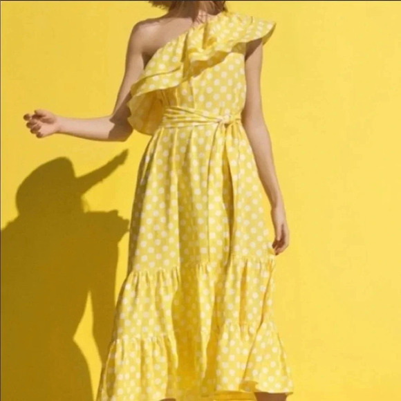 Lisa Marie Hernandez Linen Blend Polka Dot Ruffle Dress Yellow Size XS NWT - Picture 8 of 15